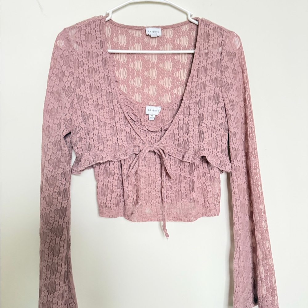 Pink Lace Tie-Front Crop Top Set
